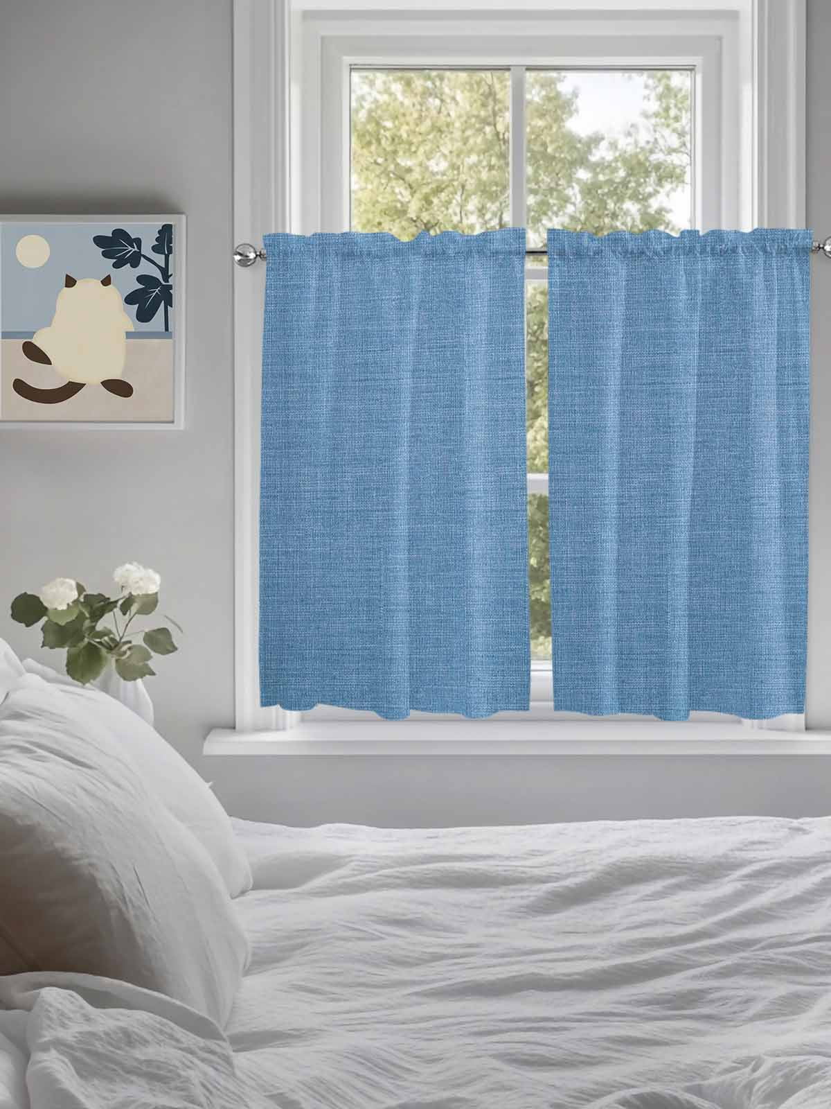 Blue Tier Curtains 45 Inches Long, Farmhouse Burlap Solid Blue Color Modern Linen Texture Window Treatment Curtain Drapes, Small Curtain Drapes for Bathroom Laundry Room, 27.5"x45", 2 Panels