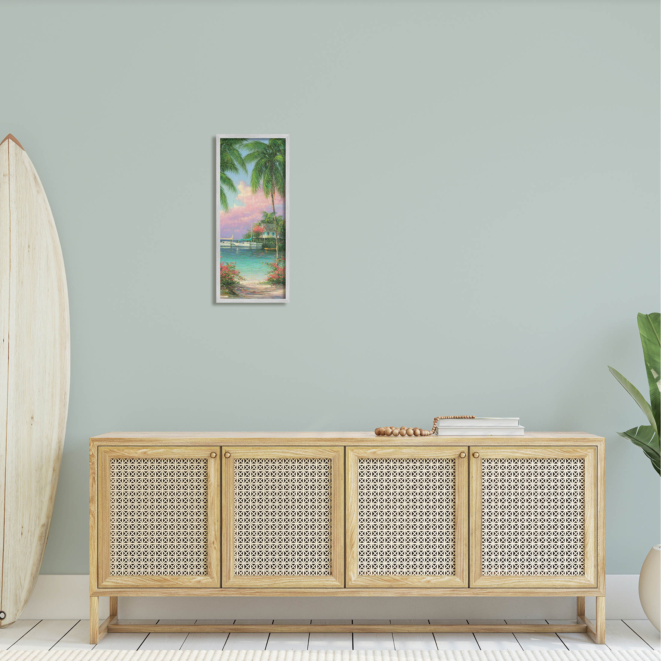Tropical Beach Palms Docked Boats Coastal Painting Gray Framed Art Print Wall Art
