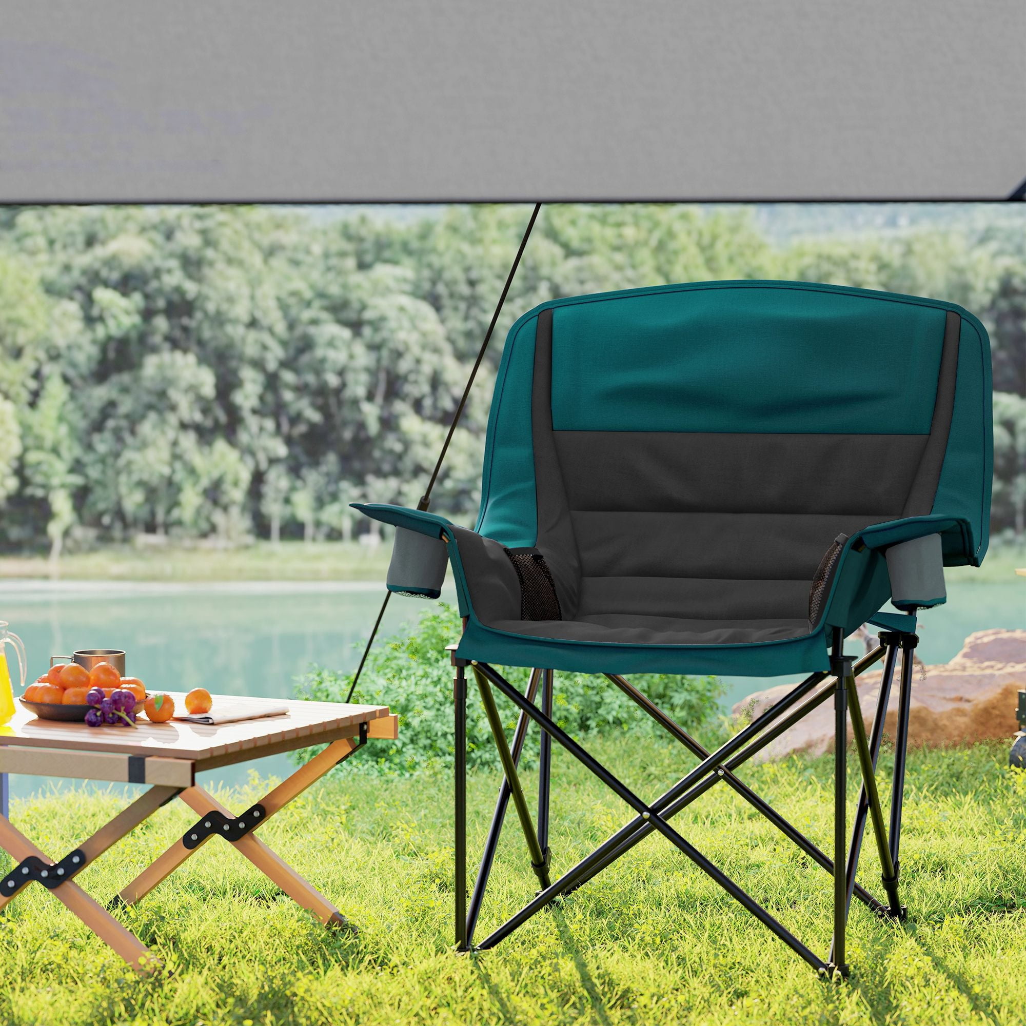 Padded Folding Camping Chair with Carry Bag, High Density Cushioned Lawn Chair 600D Oxford Fabric Metal Frame with 2 Cup Holders Side Pockets Supports 265lbs for Fishing Outdoor Dark Green Black