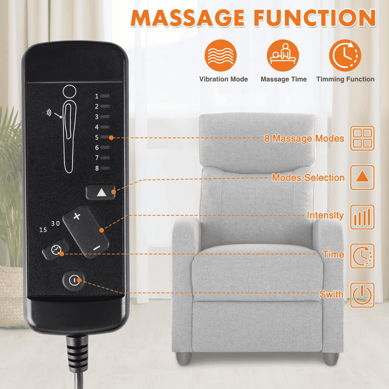 MAYEERTY Manual Recliner Chair Single Sofa, Massage and Heating, Adjustable Backrest, Leather Casual Chair for Living Room
