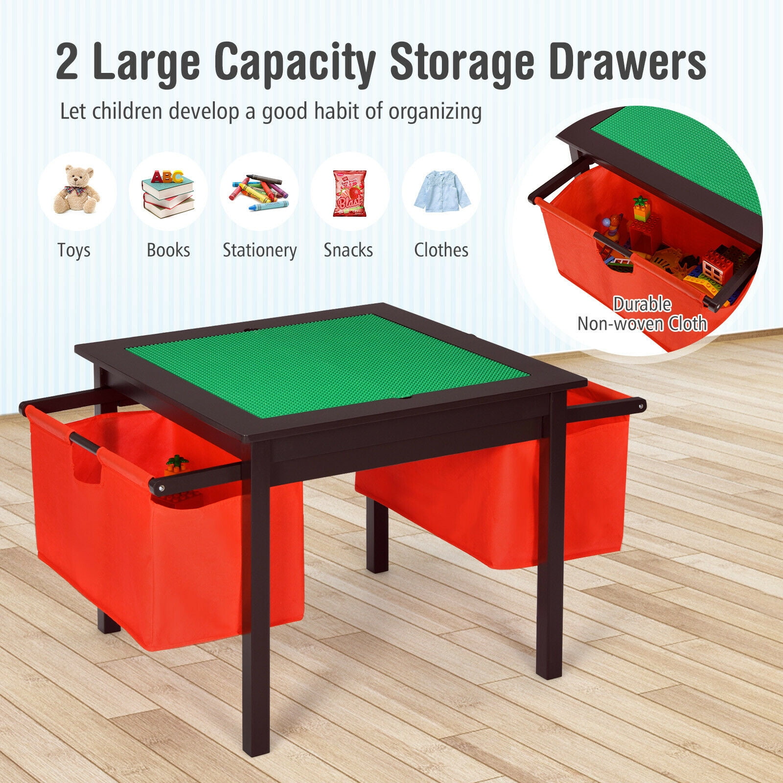 Gymax 2-in-1 Kids Double-sided Activity Building Block Table W/ Drawers Brown