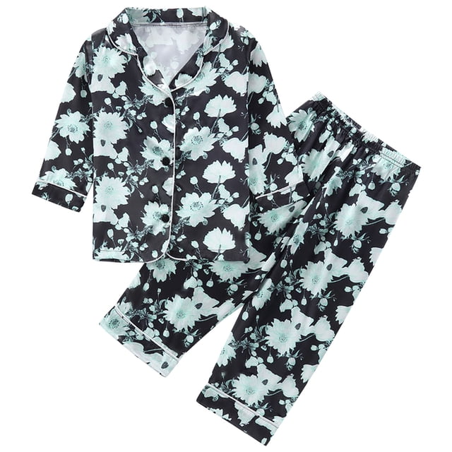 Odeerbi 1-8 Años Niños Niñas Pijama de Satén Con Solapa Dentada Camisa de Manga Larga Conjunto de Pantalones Suave Estampado de Rayas Pijama de Dos Piezas