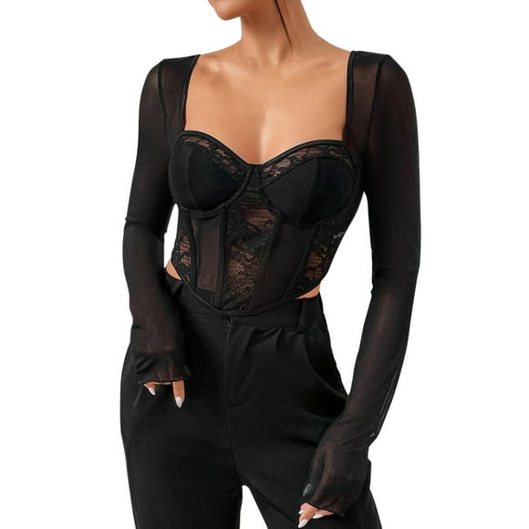 TSADFHJI Going out Tops for Women Trendy Women's Sexy Black Lace Mesh Herringbone Slim Square Neck Long Sleeve Top M Black