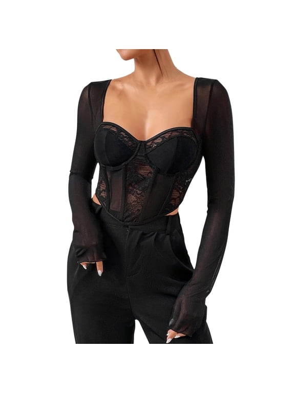 Women's Black Lace Mesh Herringbone Slim Square Neck Long Sleeve Top