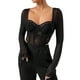 thumbnail image 1 of Top sexy de manga larga de encaje negro para mujer: cuello cuadrado, diseño en espiga, poliéster, corte ajustado, ropa informal/para citas., 1 of 2