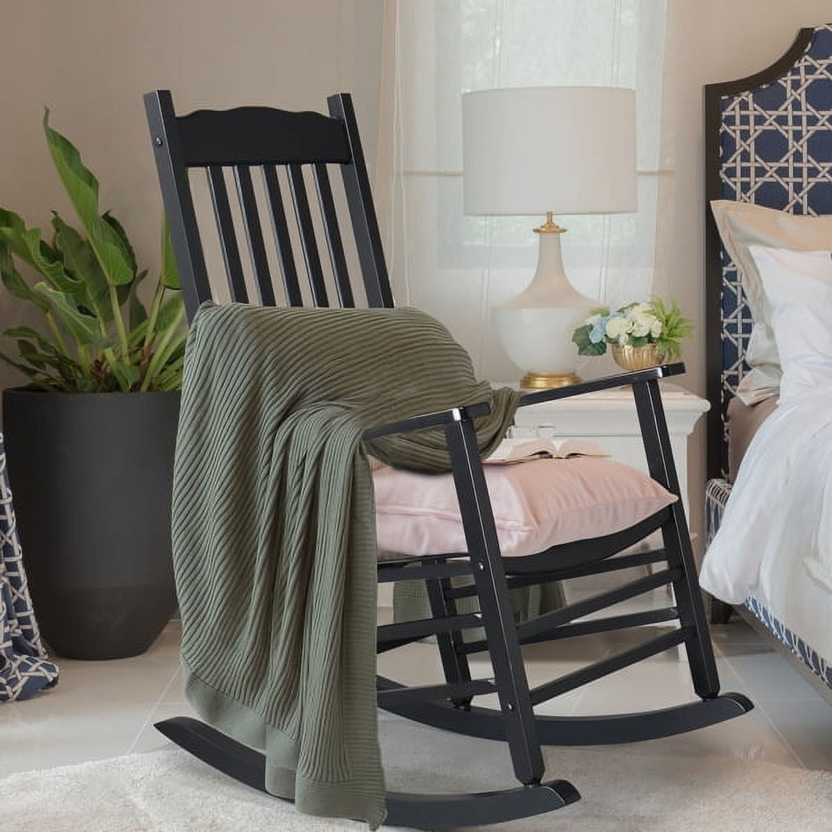 Black Square Wooden Rocking Chair with Solid Wood Frame, Indoor/Outdoor Stable Rocker for Patio, Porch & Living Room