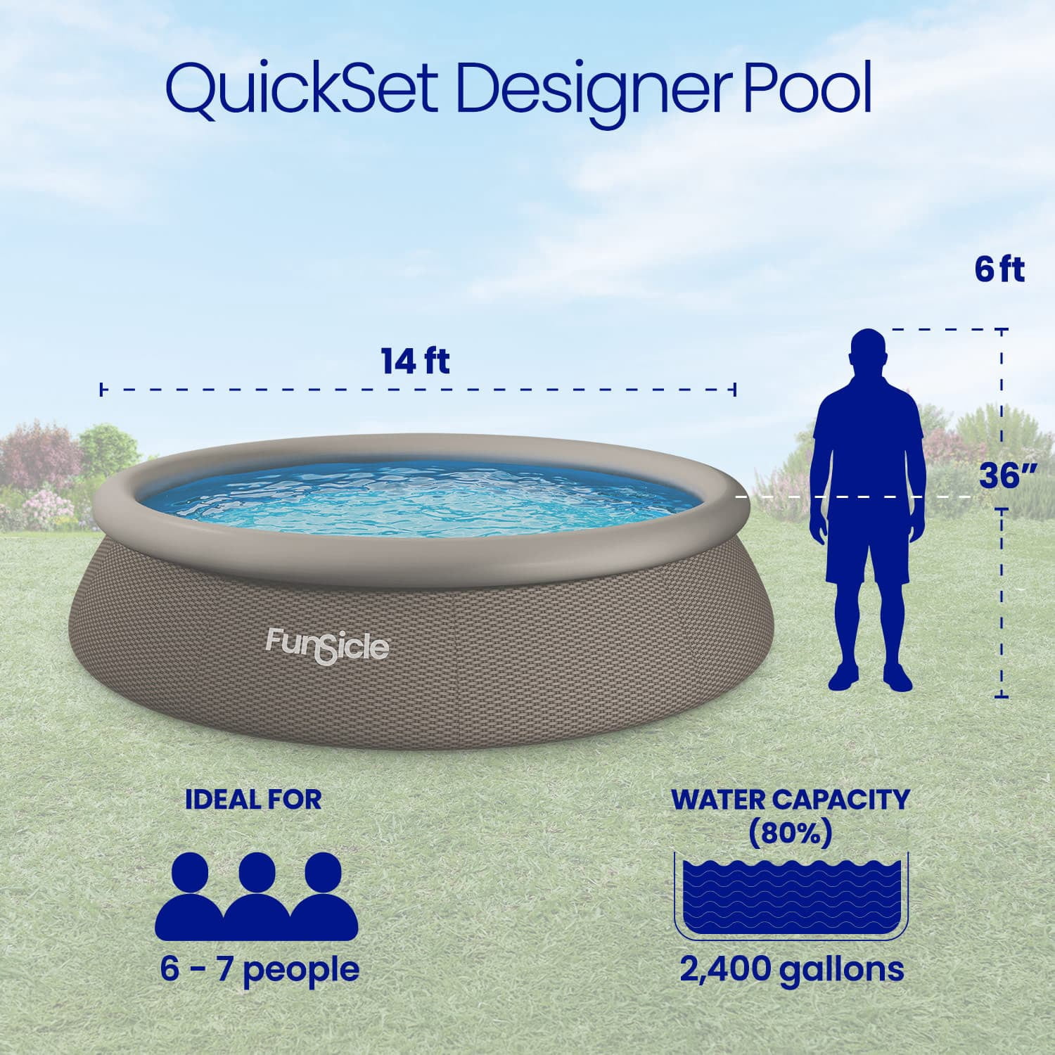 Funsicle QuickSet Designer Above Ground Swimming Pool Set – with FB800 Filter Pump, 14' x 36", Inflatable Top Ring, Round, Double Rattan