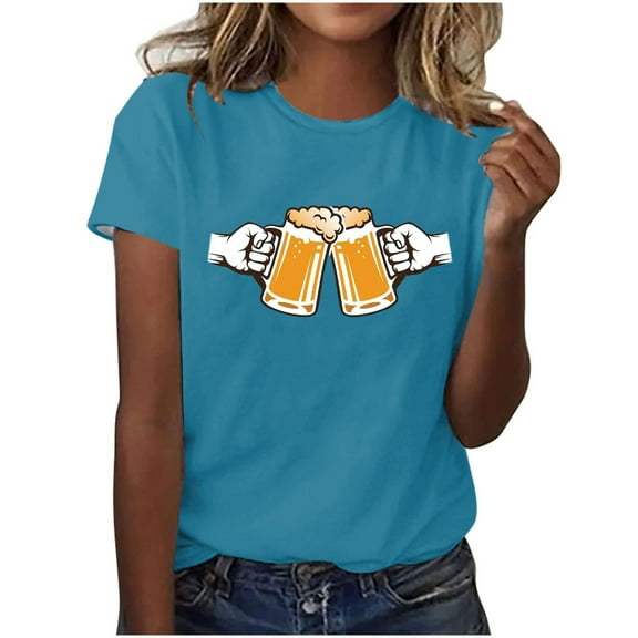 WREESH Womens Summer Beer Print T-Shirts Oktoberfest Tee Tops Casual Basic Crewneck Short Sleeve Pullover Slim Fit Soft Workout Shirts Sky Blue