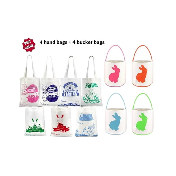 [8 Pack Random Combo] Easter Bag Bunny Canvas Bag With Easter Egg Hunt Design Bag Carrying Eggs/Gifts for Easter Party(4 Bucket  4 Handbag)