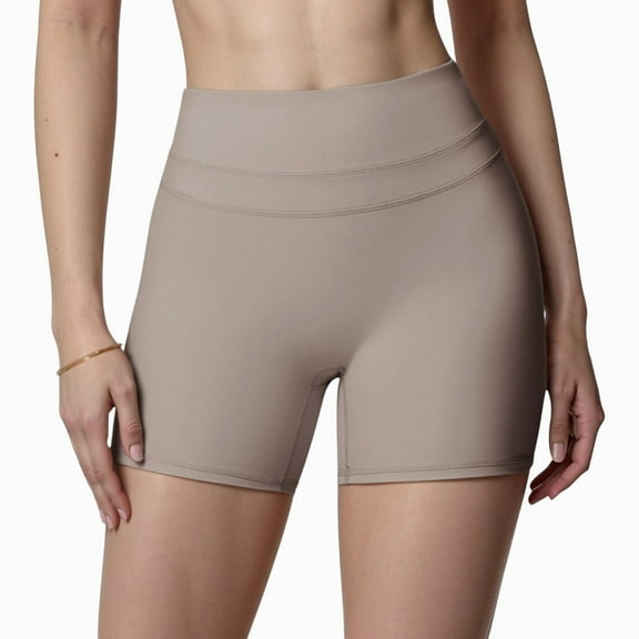 Women's High Waist Seamless Biker Shorts with Wide Waistband and Stretch Fit for Active Comfort - Small, Beige