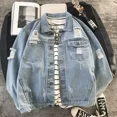 thumbnail image 5 of Chaqueta vaquera para hombre con agujero roto, botón de otoño, abrigos vaqueros para hombre, empalme azul, ropa de abrigo vintage para invierno al por mayor, talla LG, 5 of 5