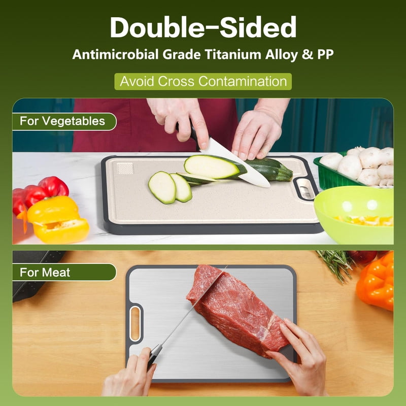 Titanium Cutting Board for Kitchen, 2-in-1 Double Sided Food Grade (15”×10.3”), Pure Titanium & PP, Easy to Clean with Juice Groove & Garlic Grinding Area