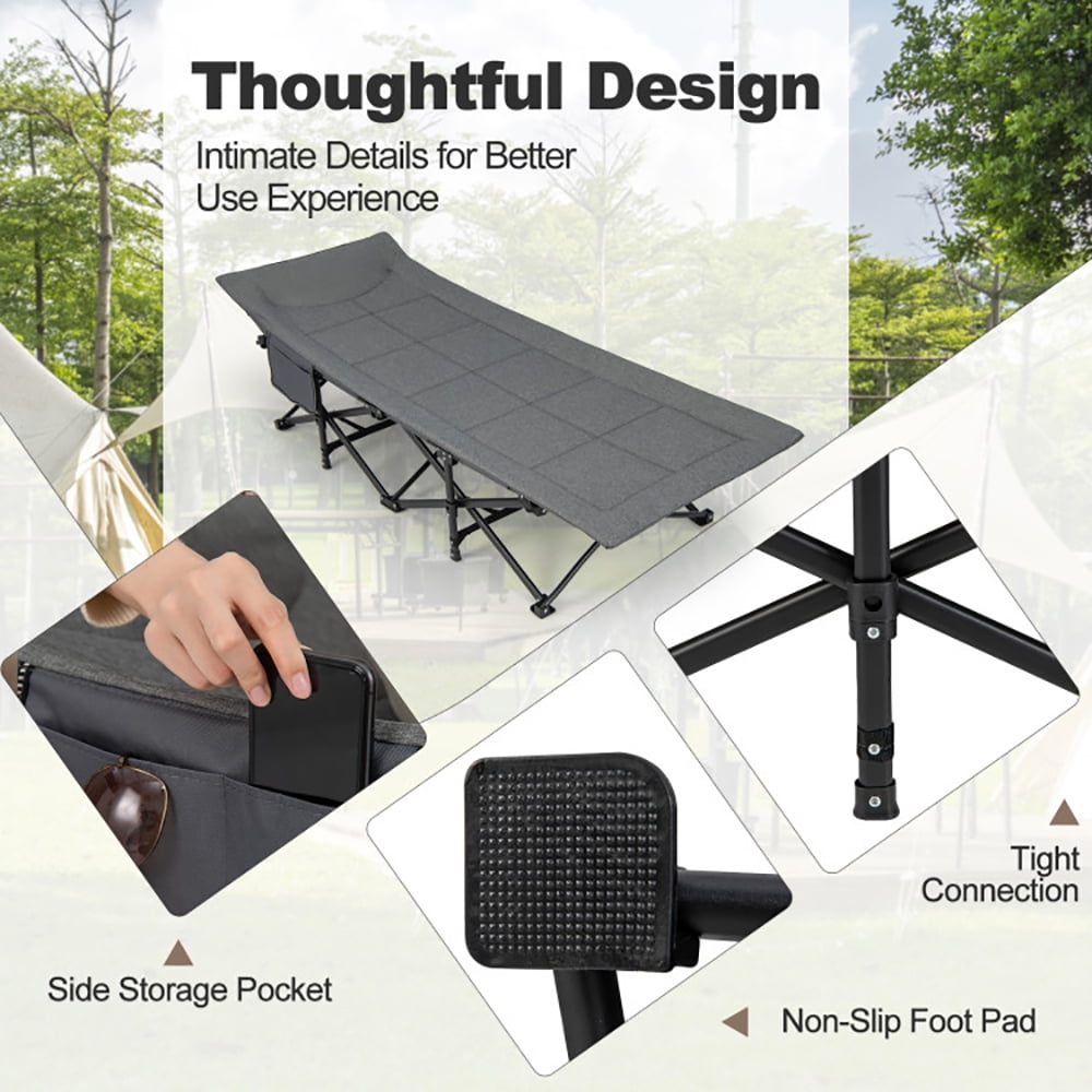 Aimee Lii Folding Camping Cot with Carry Bag Cushion and Headrest, Outdoor Portable Camping Bed for Sleeping Hiking Travel, Gray