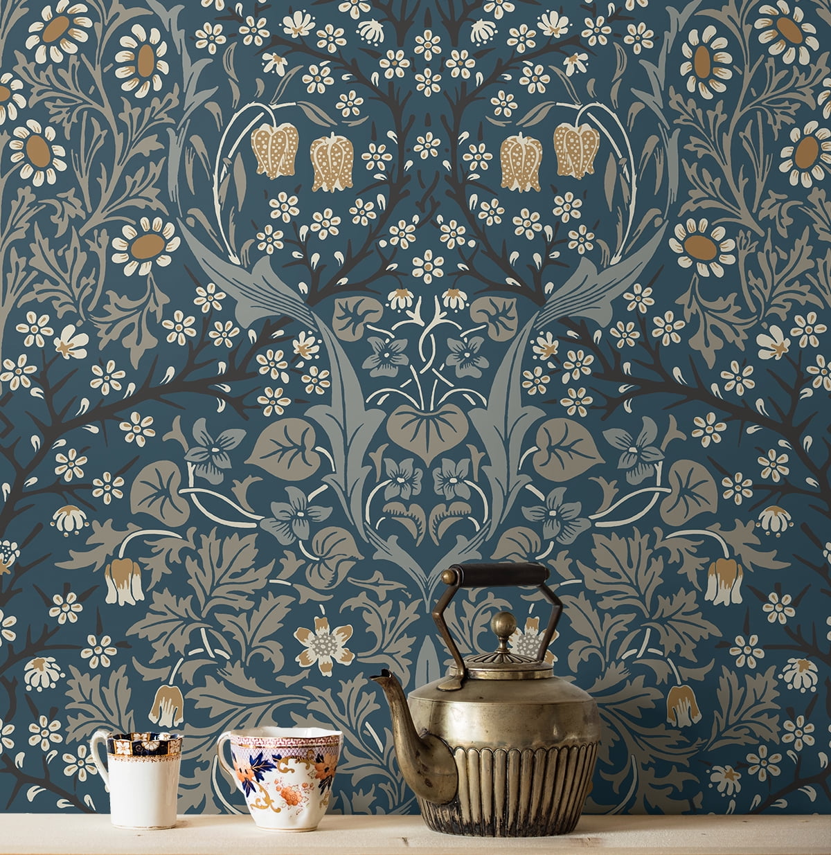 Seabrook Designs Aegean Blue & Warm Stone Victorian Garden Floral Prepasted Wallpaper - 20.9 in. W x 33 ft. Roll