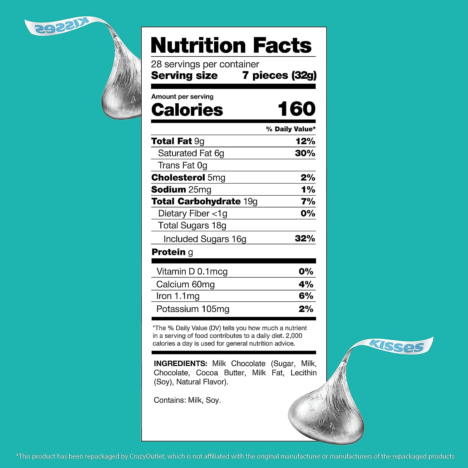 HERSHEY'S KISSES Milk Chocolate, Silver Foil (Pack of 2 Pounds)