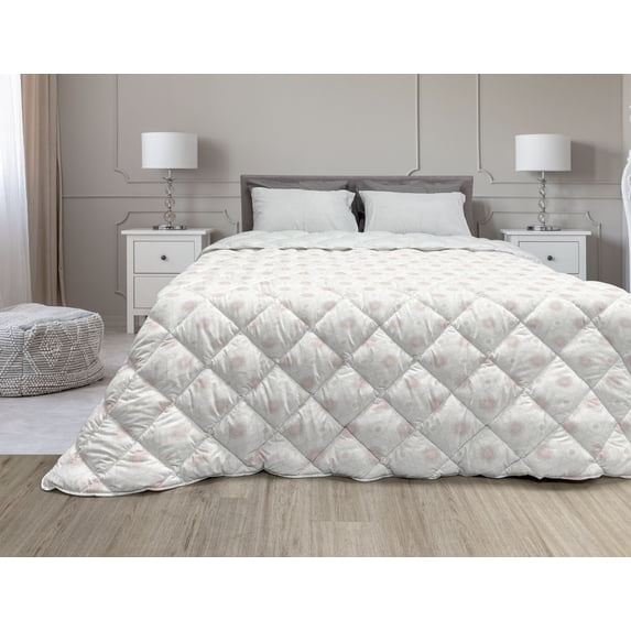 Abstract Down Alternative Comforter, Continuous Monochromatic Curved Flower Like Motifs Illustration Print, Microfiber Quilt for All Season, 5 Sizes, White and Charcoal Grey, by Ambesonne