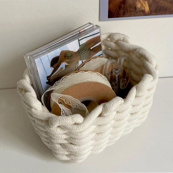 Cotton Rope Storage Baskets, Rectangle Woven Storage Baskets, Desktop Storage Basket, White Simple Desktop Storage Organizer for Key Wallet Cosmetics
