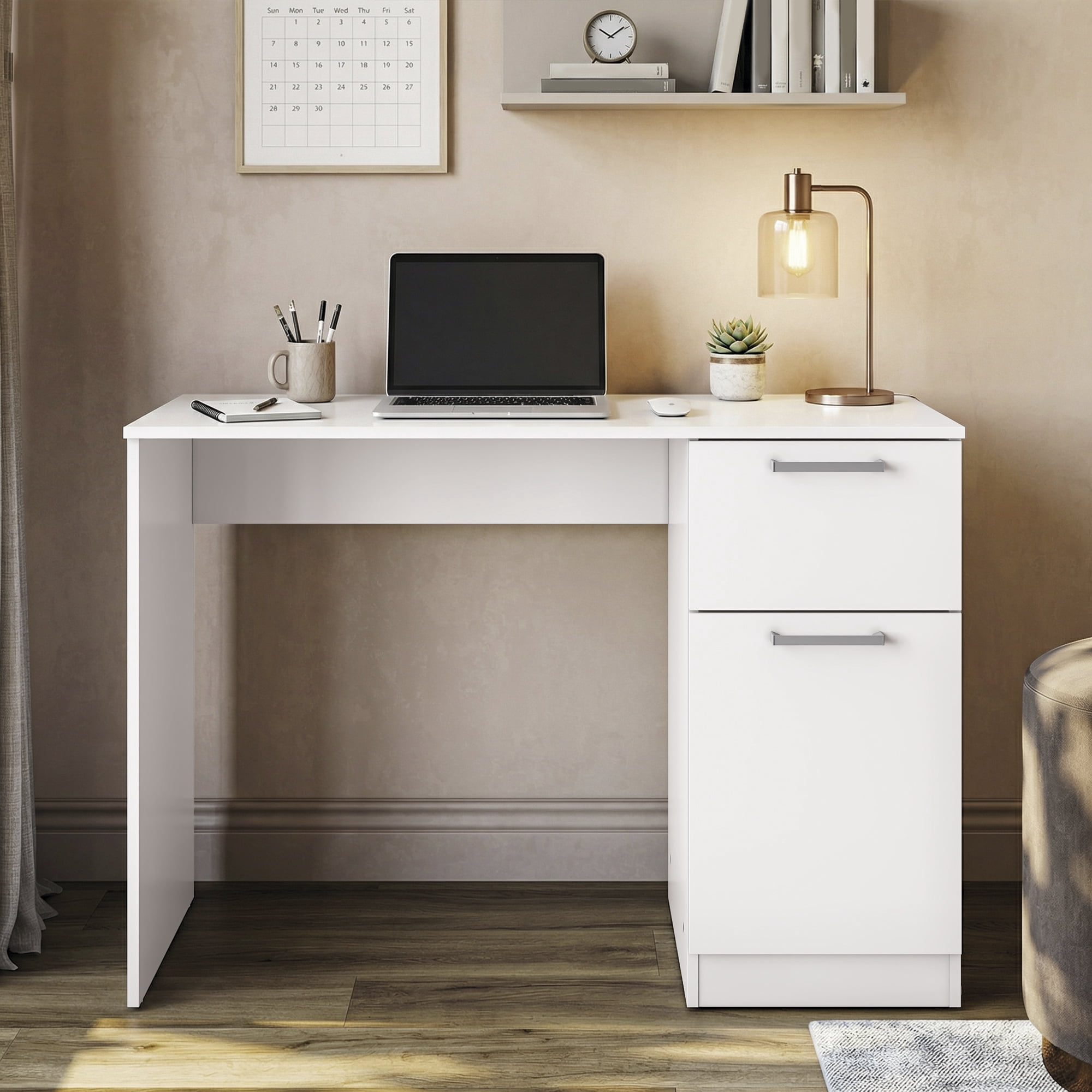 Kappesberg White 1-Drawer and 1-Door Compact Home Office Computer Desk with Storage Cabinet - for Adults and Teens