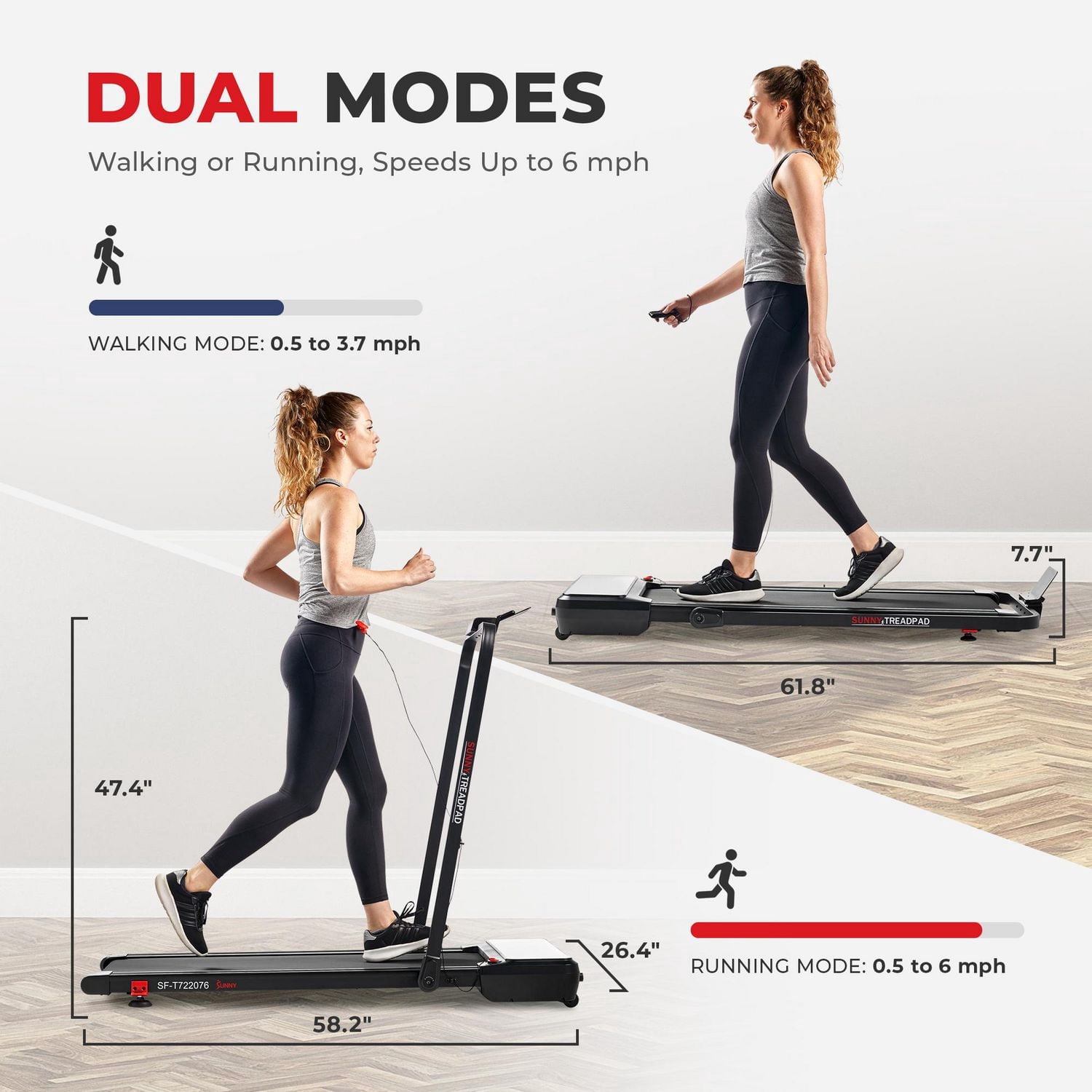 Sunny Health & Fitness Treadpad Pacer Dual Mode Walking/Running Treadmill with 6-Level Auto Incline, Remote Control & Exclusive SunnyFit App Enhanced Bluetooth Connectivity