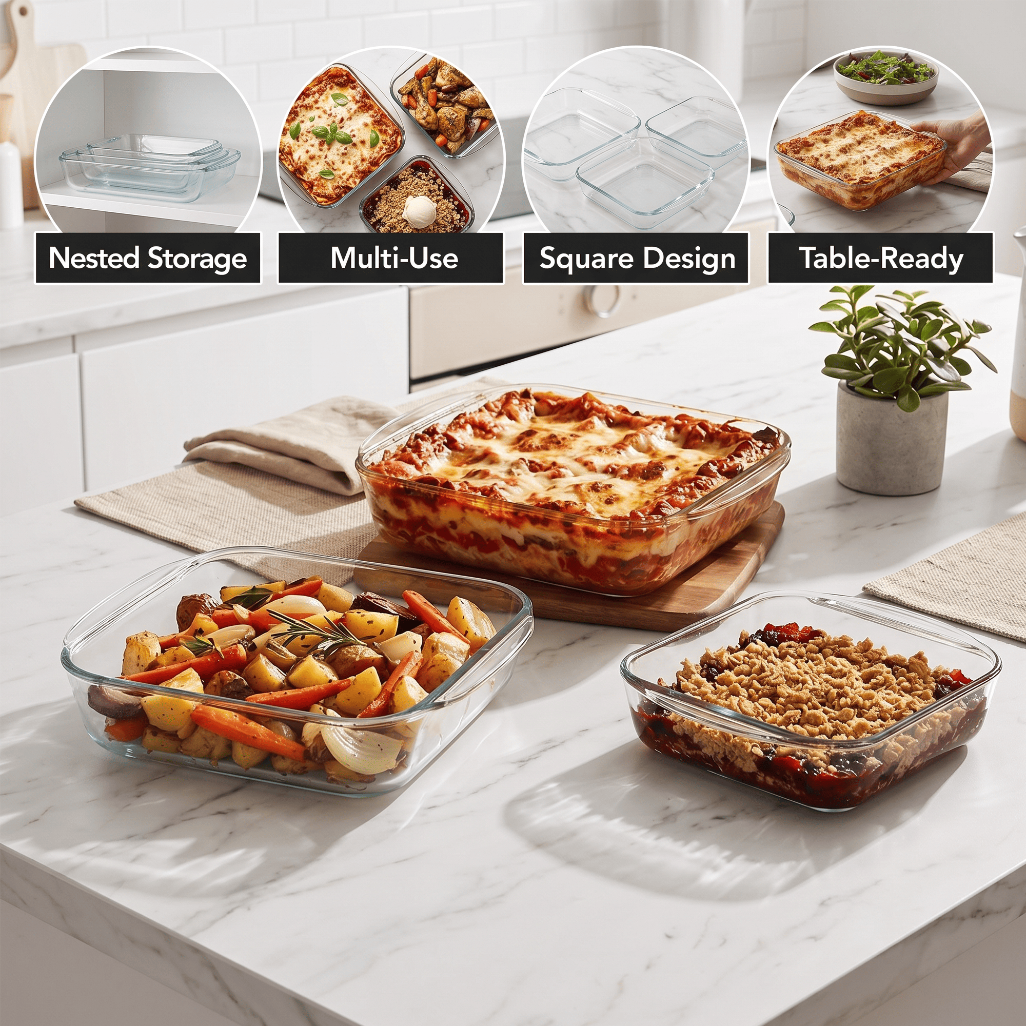 OVENTE Glass Baking Dish Set, 3-Piece Square Bakeware Set, Clear GBD30 | 0.9L, 1.1L, and 1.8L, Oven, Microwave & Dishwasher Safe, Even Heating Performance, Transparent Design for Easy Monitoring