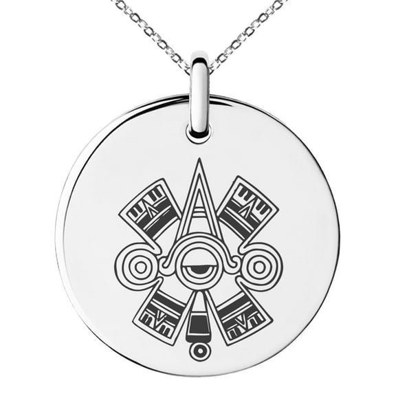 Tioneer Stainless Steel Aztec Ollin Third Eye Rune Engraved Small Medallion Circle Charm Pendant Necklace