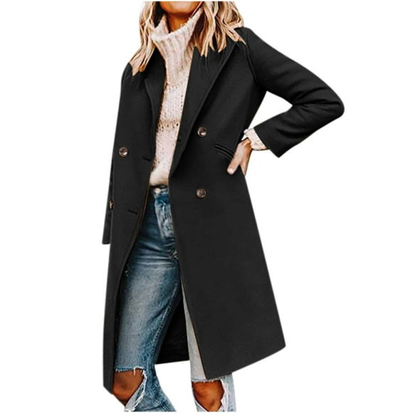 IROINID Women's Casual Long Coat Notch Lapel Solid Color Trench coat Long Sleeve Outwear, Black