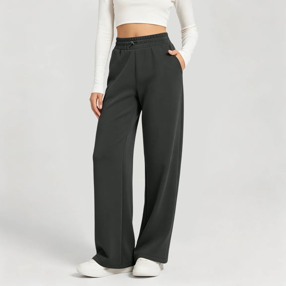 Bzdzmqm Women's Wide Leg Elastic Waist Pants with Pockets Solid Casual Lounge Long Pants Workout Summer Travel Fashion, Dark Gray S