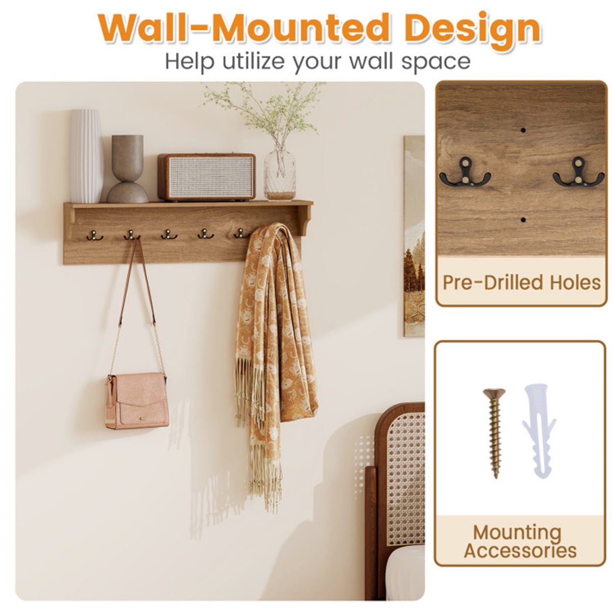 Natural Wood Wall Mount Coat Rack with Shelf 6 Hooks Entryway Organizer Floating Shelf for Keys Hats Bags Towels 110 lb Capacity Mudroom Bathroom Bedroom Storage Space Saving 31.5In Rustic Home Decor