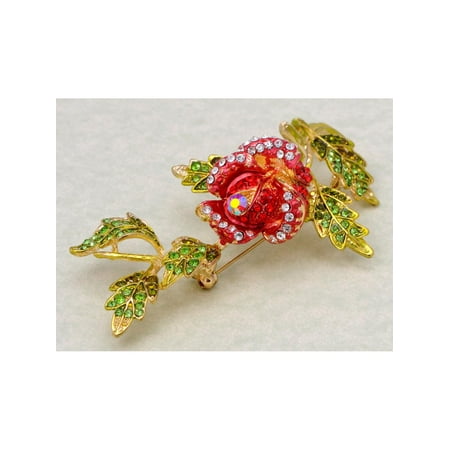 - Golden Tone Rhinestone Beautiful Rose with Leaves Statement Fashion Pin Brooch
