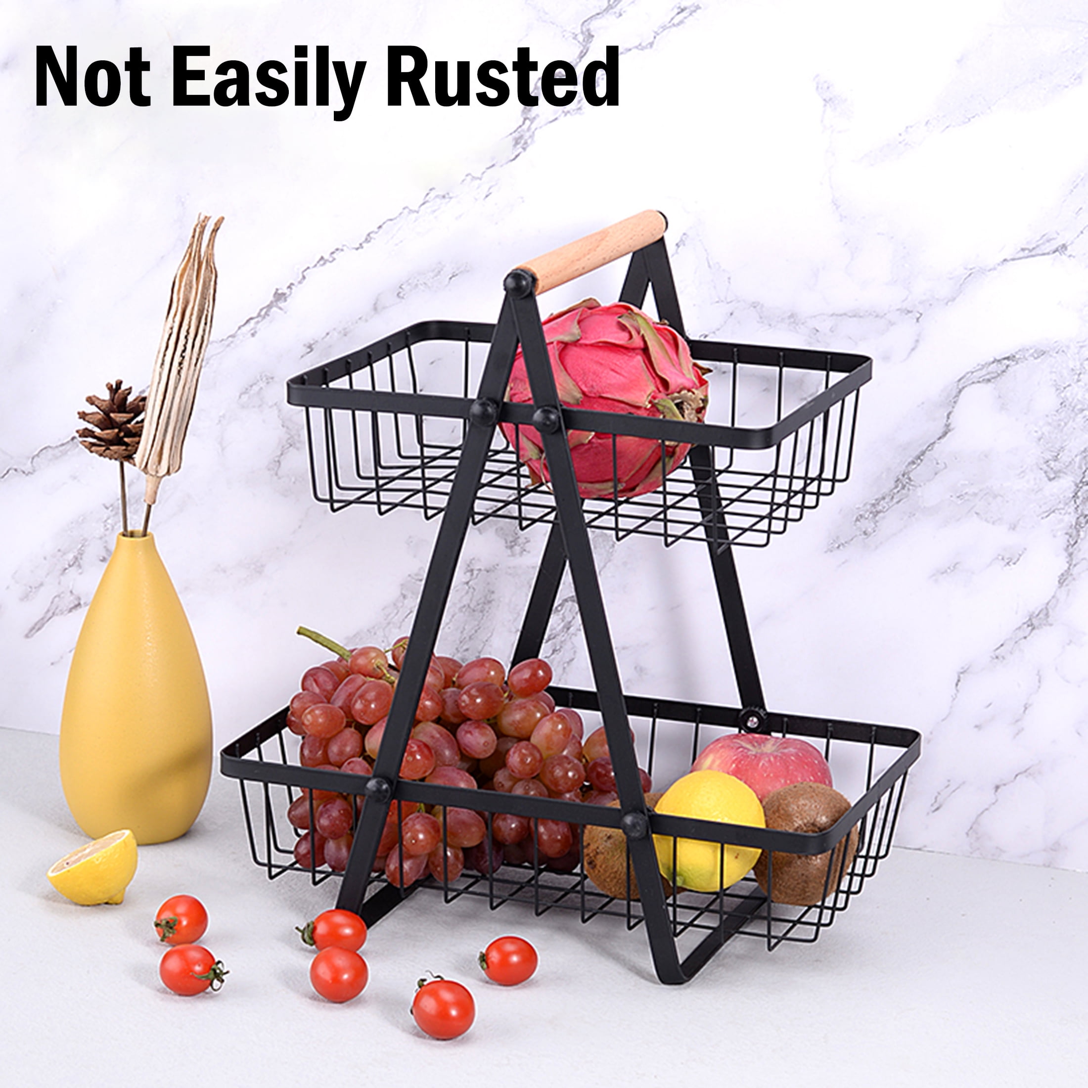 Mirdinner 2 Tier Countertop Fruit Basket Bowl for Kitchen, Detachable Metal Organizer for Bread Vegetable Fruits with Wooden Handle, Large Capacity Storage Basket for Bread Snack Veggies Produce
