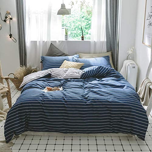 AMWAN Modern Striped Twin Duvet Cover Set Cotton Hotel Bedding Set Blue White Stripe Comforter