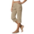 thumbnail image 2 of Capri Pants for Women Elastic Waist Relaxed Fit Casual Soft Cotton Linen Pants with Pockets Summer Outdoor Athletic Hiking Khaki L, 2 of 7