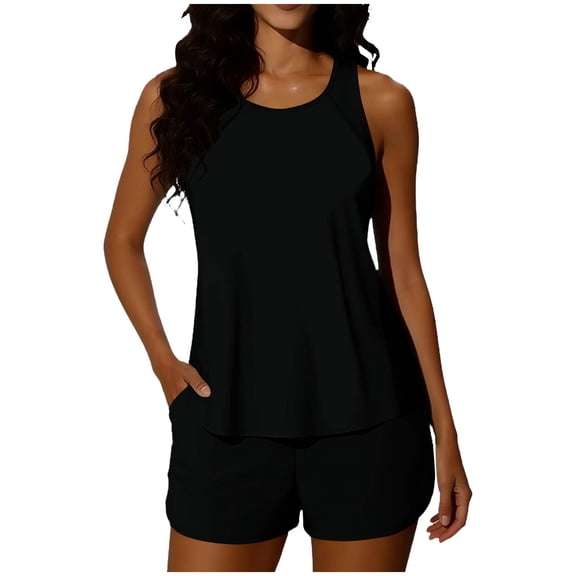 Brnmxoke Women Tankini Swimsuits 2 Piece Solid Color Tummy Control Blouson Tank Bathing Suit with Pocket Boyshorts Athletic Swimwear Outfits with Bras Black,L