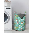 thumbnail image 3 of Christmas Laundry Bag, Happy Noel Themed Cartoon Pattern with Penguins Gifts Clouds and Trees, Basket with Handles Drawstring Closure for Laundromats, 13" x 19", Seafoam Multicolor, by Ambesonne, 3 of 4