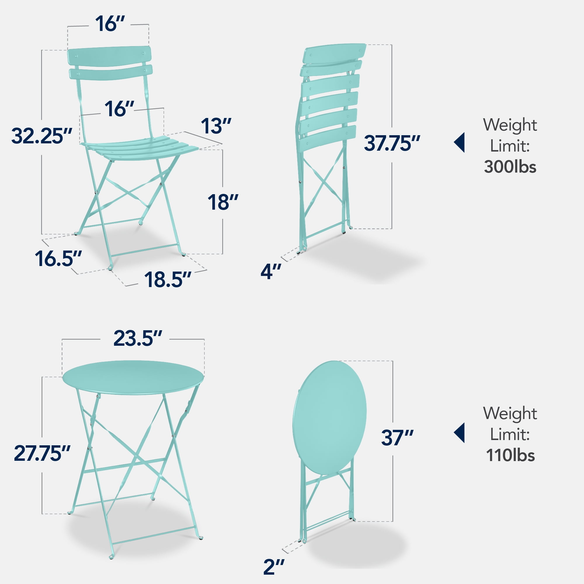 Best Choice Products 3-Piece Small Bistro Set, Folding Patio Furniture Set of 2 Chairs and Table - Aqua Blue