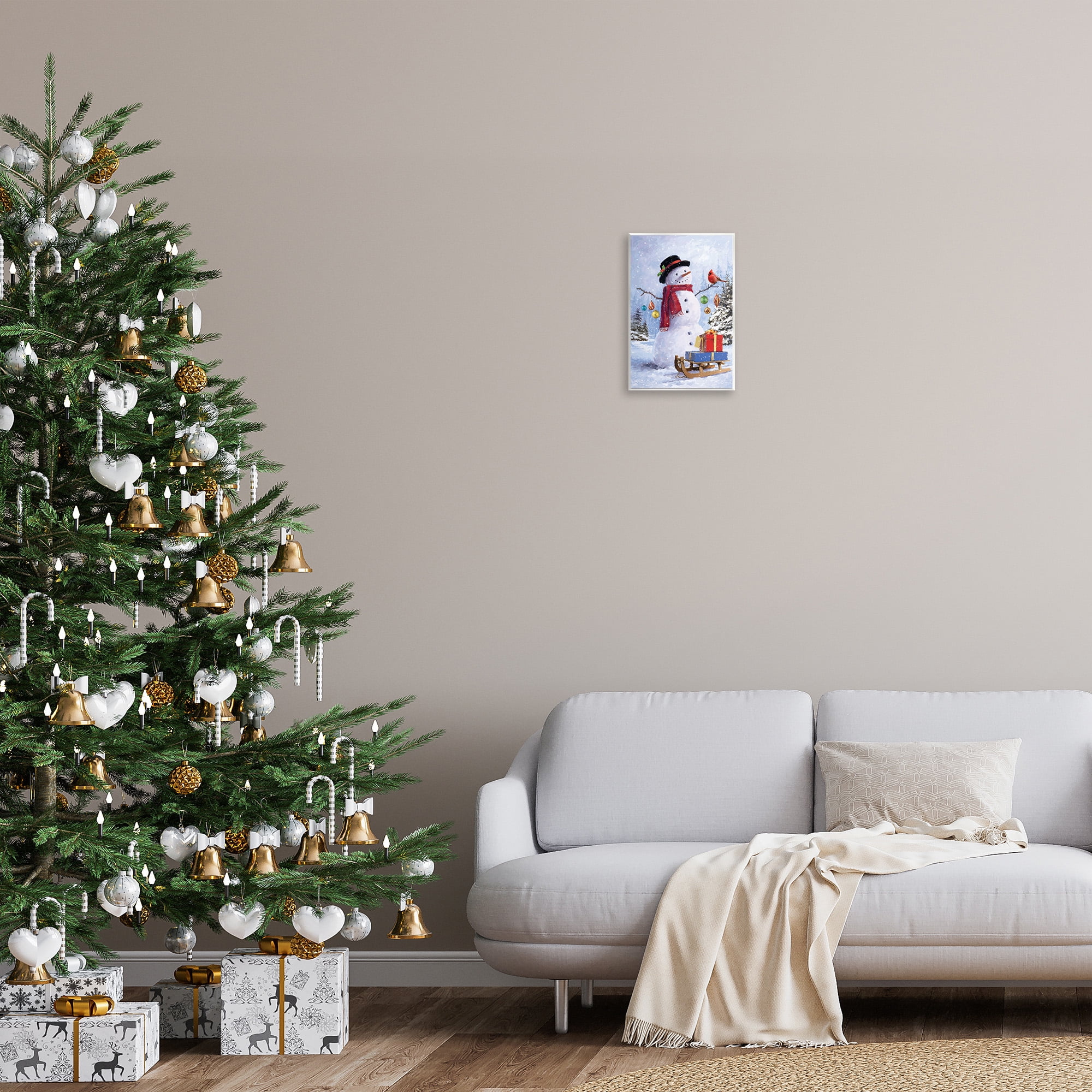 Stupell Industries Snowman with Gift Sled Landscape Painting Unframed Art Print Wall Art, 10 x 15