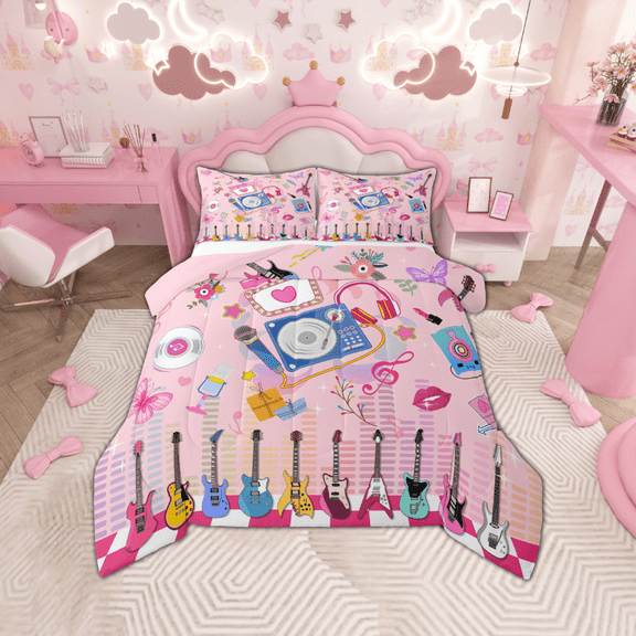 Manfei Colorful Guitar Bedding Comforter Set,Music Instruments Twin Comforter Sets,Chic Flower Butterfly Bedding Set For Girls,Microfiber Bedroom Decor Reversible,2-Piece