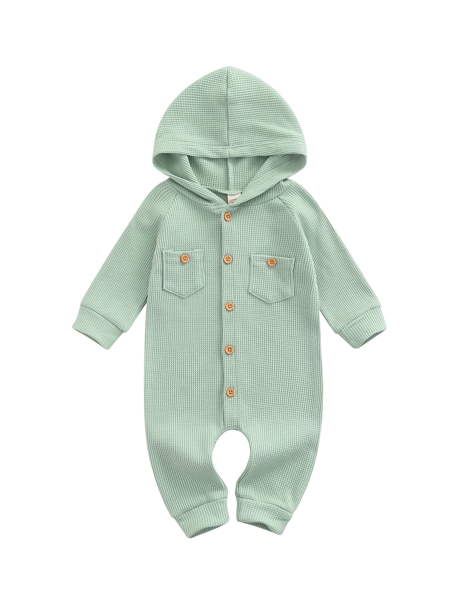 Winter Newborn Baby Boy Girl Solid Romper Unisex Infants Hooded Outfit Clothes Waffle Cotton Button Jumpsuits 