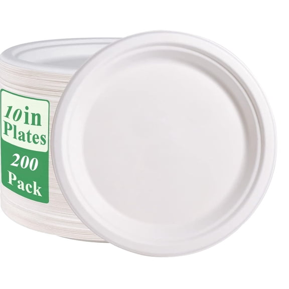 Behome 200 Pack Disposable Paper Plates, 10" 100% Compostable Heavy Duty Plates, Eco-Friendly Sugarcane Bagasse, Dessert Plates for Parties, Picnics, BBQ, White