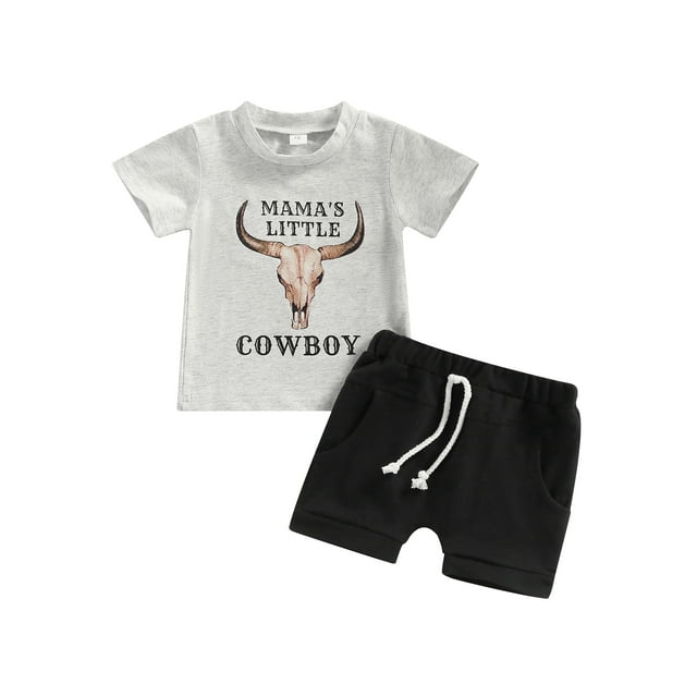Faithtur Bébé Garçons 2Pcs Tenues d'Été, Manches Courtes Vache Lettre Imprimée T-Shirt + Noeud avant Short Set