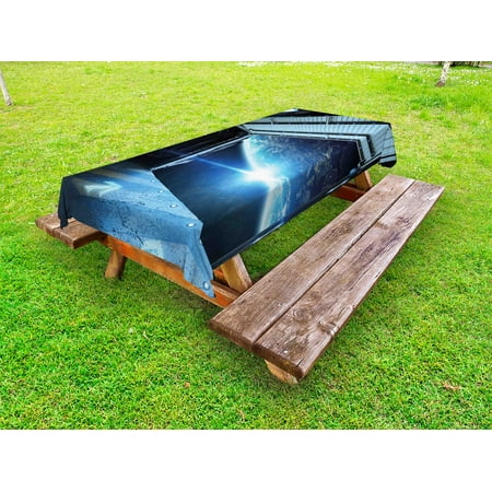 

Outer Space Outdoor Tablecloth Interstellar Airlock Shuttle Runway Gate Journey to the Stars Invasion View Decorative Washable Fabric Picnic Tablecloth 58 X 120 Inches Blue Gray by Ambesonne