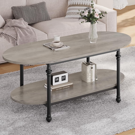 FOLDLIFE Oval Coffee Table with Storage, Low Storage Coffee Table,2 Tier Vintage Center Table for Living Room,Mid Century Coffee Table,Cocktail Table,Grey