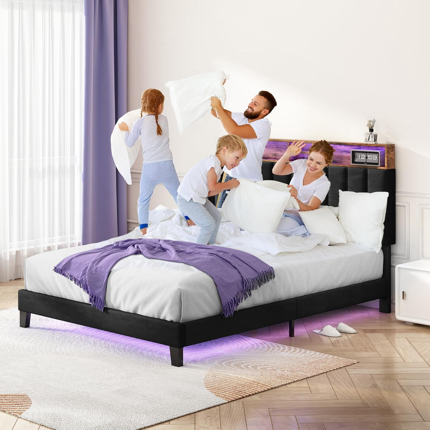 Sersper Queen Size Platform Bed Frame with Storage Upholstered Headboard, Built-in Charging Station & RGB LED Lights, Noise-Free, Easy Assembly, Black