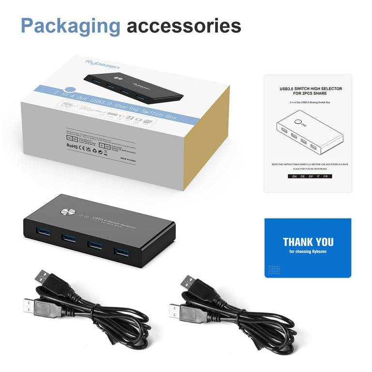 USB 3.0 Switch, USB Switcher 2 Computer Share 4 USB Devices, Peripheral USB  KVM Switch for PC Printer Scanner Mouse Keyboard, with 1 PCS USB C to USB