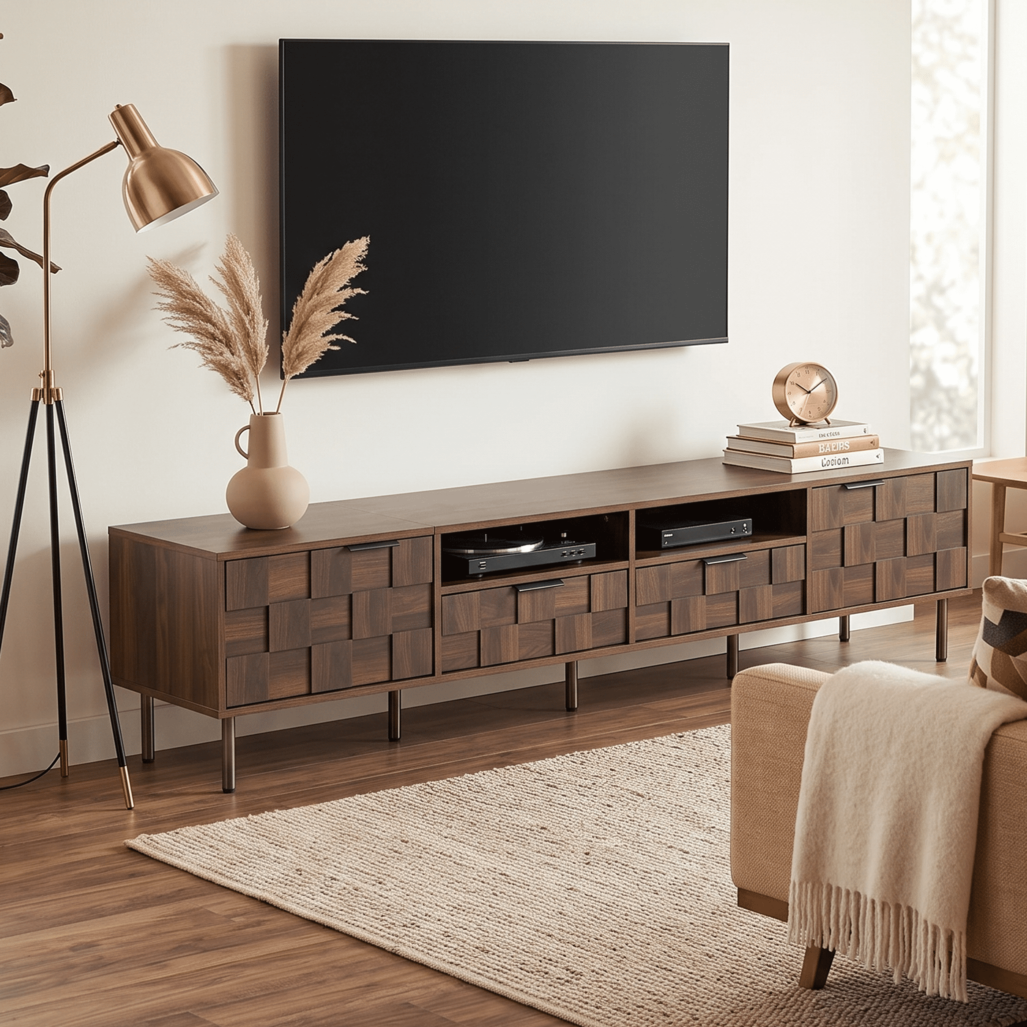 Homy Casa 78.7-inch Walnut Mid Century TV Stand for 80-inch Screens with Geometric Doors and Drawers