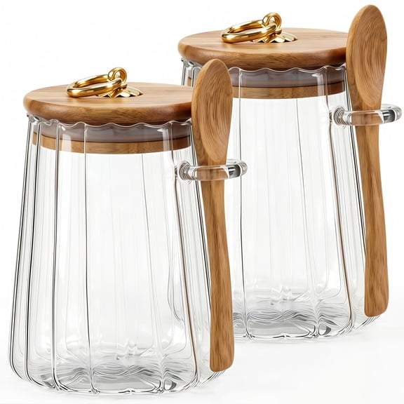 22oz Glass Storage Jars with Lids and Spoons,2 Pack Conical Glass Canister Set for Countertop,Airtight Food Containers Canisters Storage Coffee Beans, Sugar, Flour, Pasta, Salt, Oats & Spice
