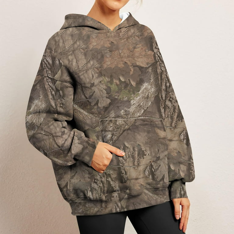 TQWQT Women's Camo Hoodie Maple-Leaf Print Oversized Sweatshirt Fleece  Hooded Sweatshirts with Pocket Casual Drop Shoulder Fall Sweatshirts Long