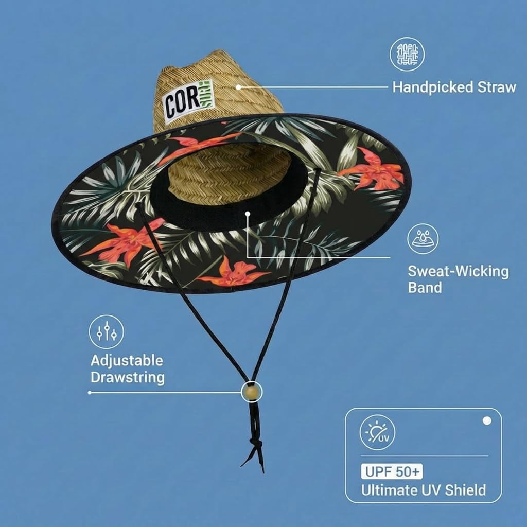 Straw Beach Hat - UPF 50+ Cotton Patriotic Under Brim Lifeguard - Drawstring Fit - Large