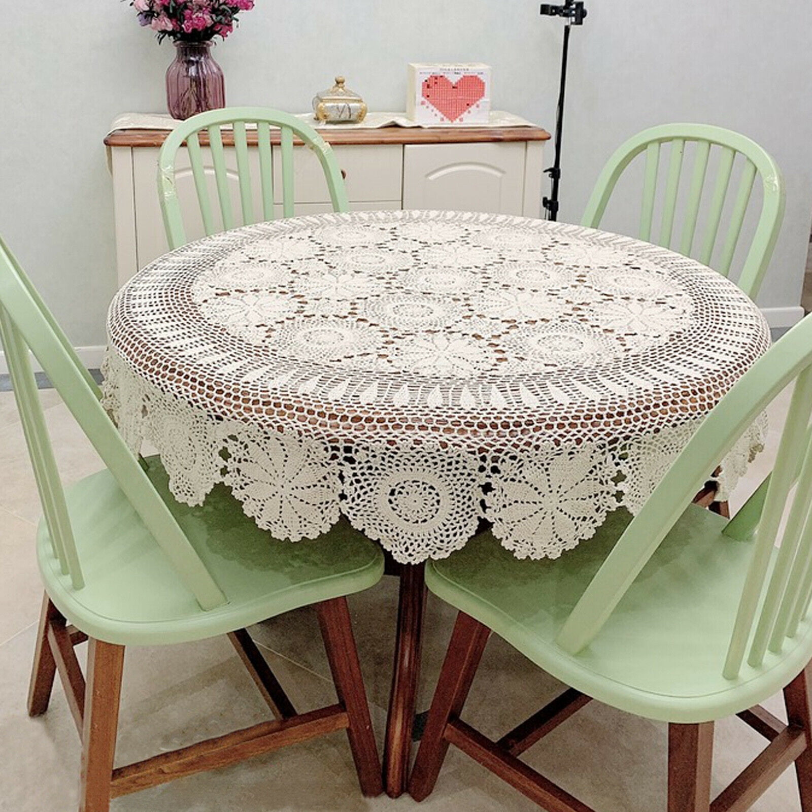 Vintage Hand Crochet Lace Doily Round Table Topper White Tablecloth Cover 51inch 