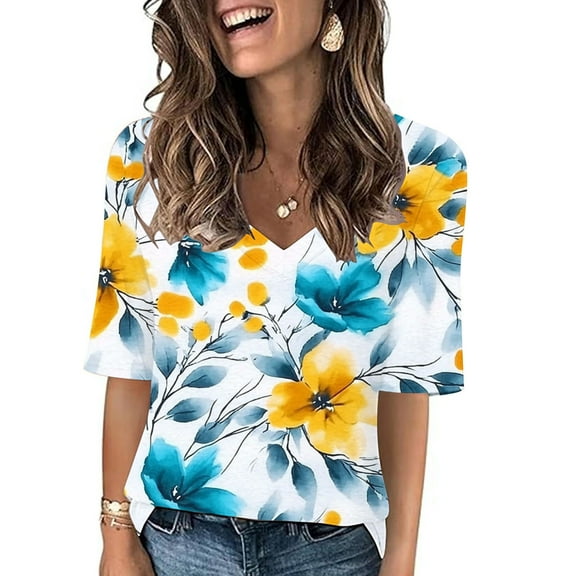 QUNYINEY Floral Tee Shirts Womens Short Sleeve Casual V Neck Tops Going Out Loose Pullover T-Shirts